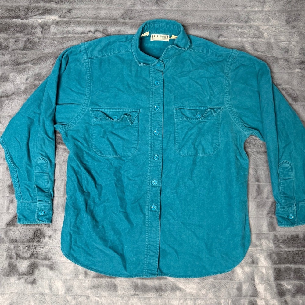 LL Bean Chamois Cloth Shirt Womens 14 Teal Blue Cotton Flannel Button Down 6363